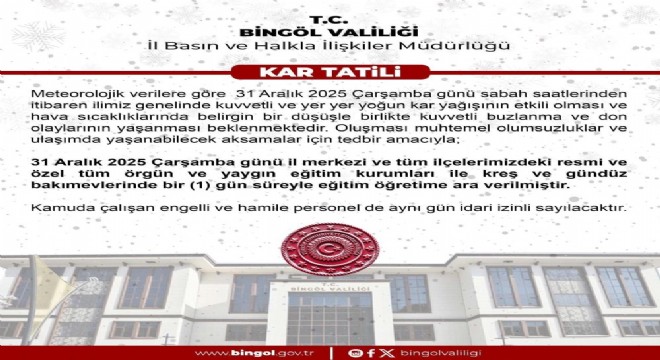 Bingöl'de eğitime 1 gün ara verildi