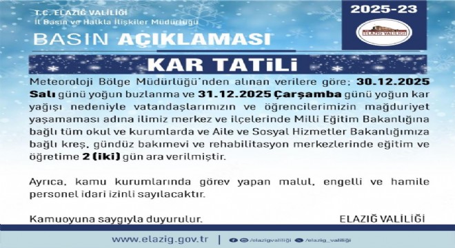 Elazığ'da eğitime 2 gün ara verildi