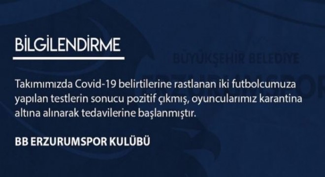 Erzurumspor'da 2 futbolcunun testi pozitif çıktı