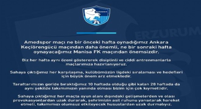 Erzurumspor'dan taraftara çağrı