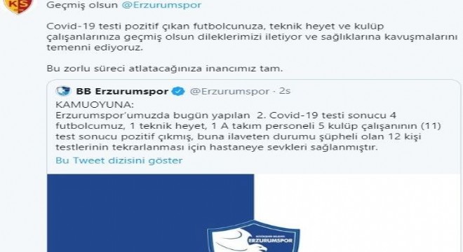 Kayserispor'dan Erzurumspor'a geçmiş olsun mesajı