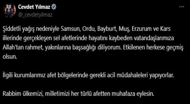 ‘Rabbim ülkemizi her türlü afetten muhafaza eylesin'