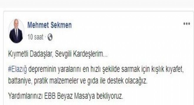Sekmen'den depremzedelere yardım çağrısı