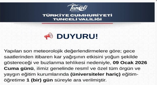 Tunceli'de eğitime 1 gün ara